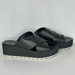 Sorel‎ Cameron Flatform Mule Black Leather Sandaks Crisscross Slides Y2K Sz 9.5
